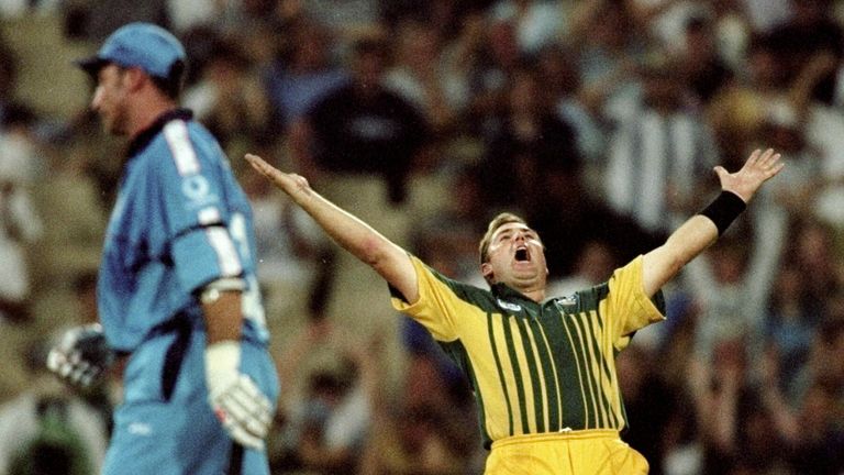 Shane Warne celebrates the dismissal of Nasser Hussain as England collapse to a 10-run ODI defeat against Australia in 1999