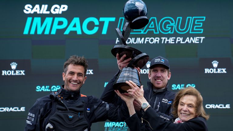 New Zealand SailGP team being presented with the Impact League Trophy (Image credit: Bob Martin for SailGP)