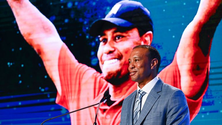 Tiger Woods gives his speech as the 15-time major winner is inducted into the World Golf Hall of Fame