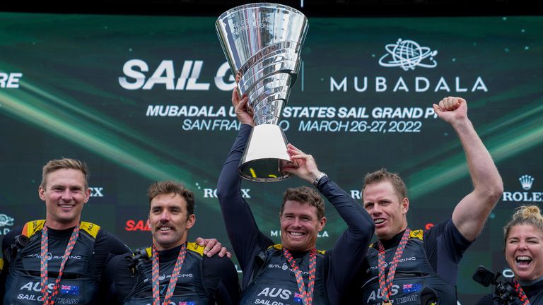 Tom Slingsby and the Australia SailGP Team on the podium (Image credit: Bob Martin for SailGP)