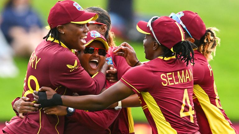 West Indies celebrate their thrilling seven-run victory against England
