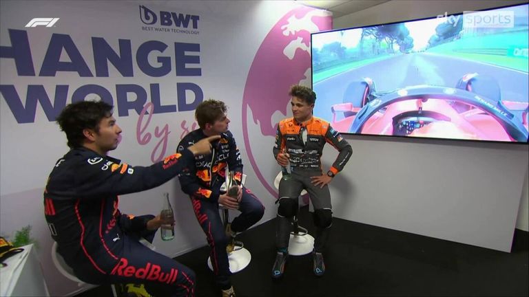 Listen in as Max Verstappen, Sergio Perez and Lando Norris react to replays of Charles Leclerc's crash on the screen following the race.