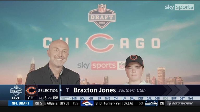 Twelve-year-old Chicago Bears fan Jack Marshall was joined by Neil Reynolds at Sky Studios to announce the Bears' fifth-round NFL draft pick, Braxton Jones.