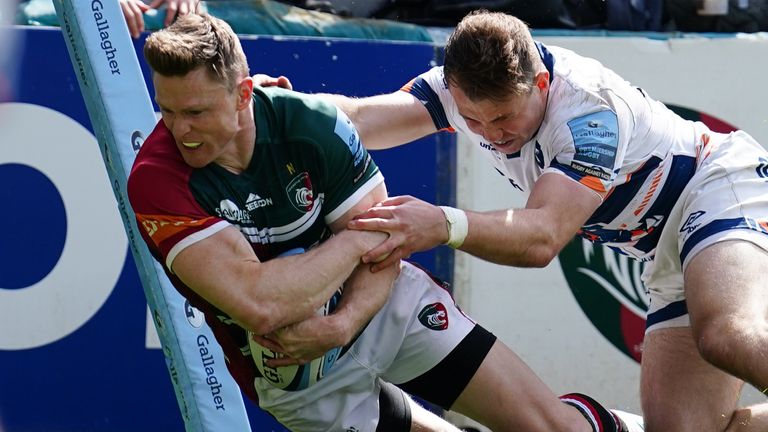Chris Ashton scored a hat-trick for Leicester vs Bristol to become the Premiership's top try scorer of all time 