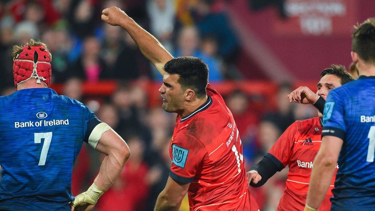 Damian de Allende celebrates his second half try, but it failed to spark Munster into a comeback 