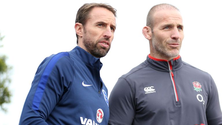Gareth Southgate with then-England rugby union defence coach Paul Gustard at a training session in 2017