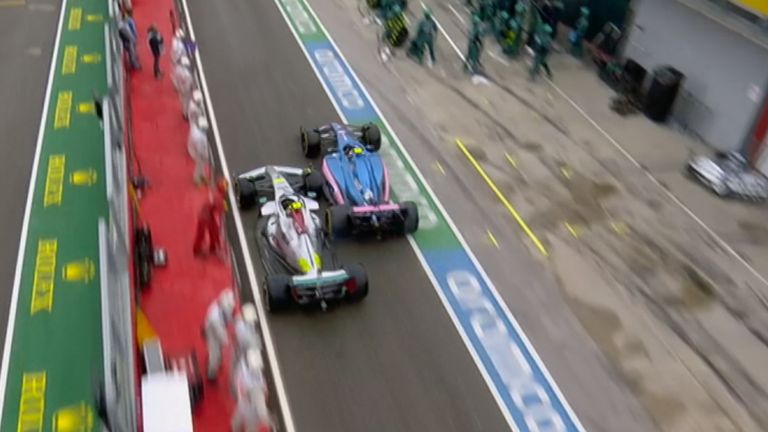Lewis Hamilton and Esteban Ocon collide in the pit lane at the Emilia-Romagna GP