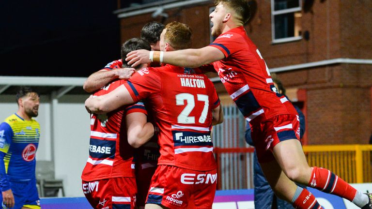 Jimmy Keinhorst celebrates with his Hull KR team-mates during the win over Warrington Wolves