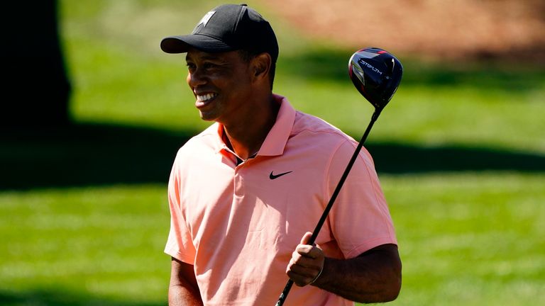 Tiger Woods, pictured at Augusta National on Sunday, will make a 'game-time' call on whether to compete at The Masters, live on Sky Sports