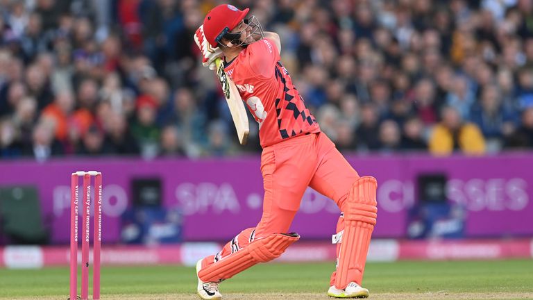 Lancashire's Liam Livingstone smashed a huge six out of Emirates Old Trafford during the Roses match