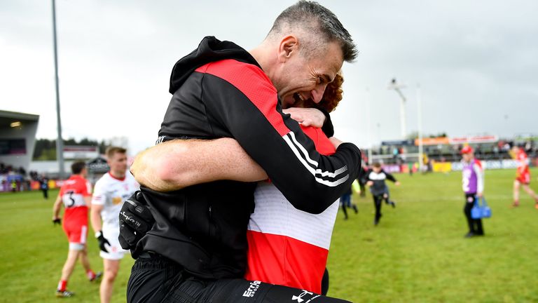 Derry manager Rory Gallagher celebrates with Conor Glass at full-time