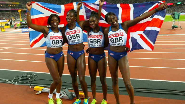(left to right) Great Britain's Asha Philip, Desiree Henry, Dina Asher-Smith and Daryll Neita celebrate winning silver in the Women's 4x100m relay at the 2017 World Championships in London