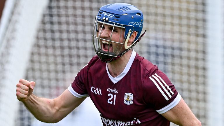 Johnny Coen celebrates after scoring Galway's first-half goal