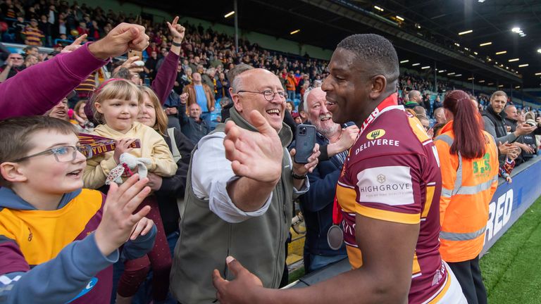 Huddersfield's Jermaine McGillvary Celebrates with Fans After Semi-Final Challenge Cup Victory Over Hull Kingston Rovers