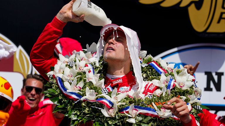 Marcus Ericsson celebrates after winning the Indy 500