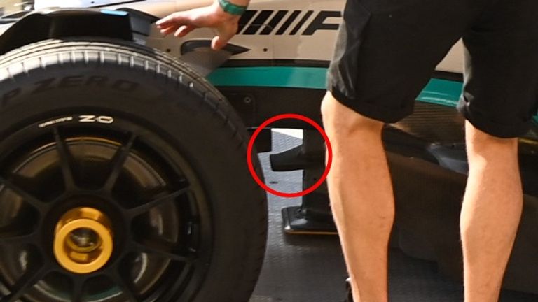 One of the new winglets underneath the Mercedes car