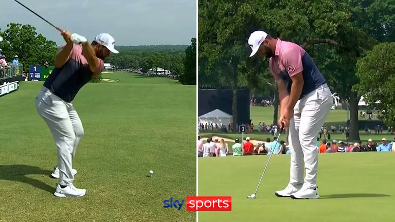 Jon Rahm hits a huge 417-yard drive to birdie the first hole of his second round at the PGA Championship