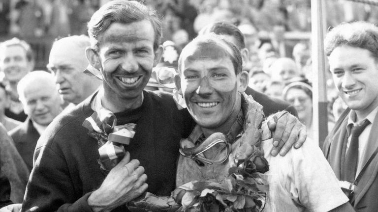 Brooks (left) alongside Vanwall teammate Stirling Moss in 1957