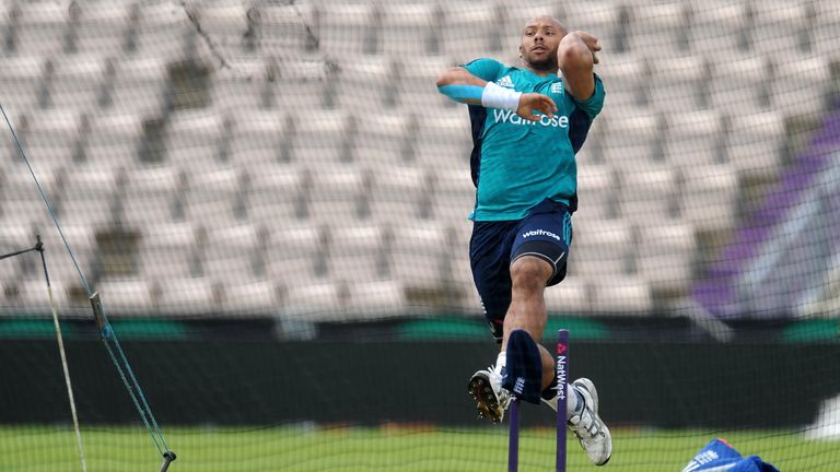 England's Tymal Mills bowls during a nets session at the Ageas Bowl in 2016