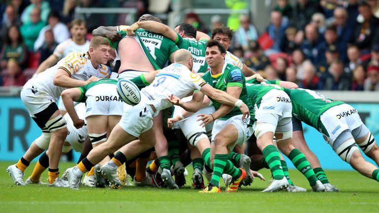 London Irish's Nick Phipps passes from the scrum 