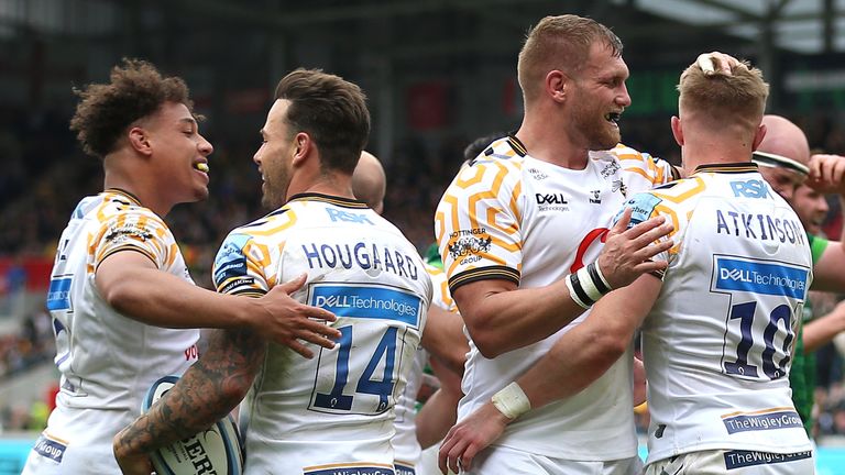 Charlie Atkinson (right) celebrates after scoring a try for Wasps