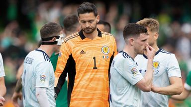 Scotland's Callum McGregor, Craig Gordon and Andy Robertson at full time