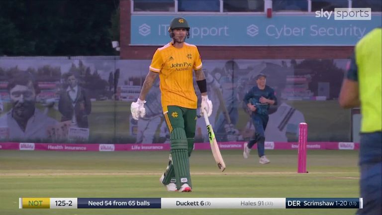 Alex Hales hit 12 fours and five sixes in a dominant performance helping the Notts Outlaws to a win over the Derbyshire Falcons