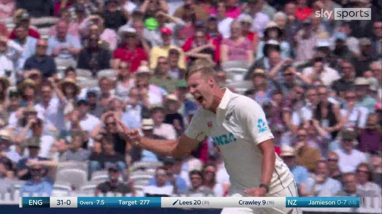 Alex Lees was clean bowled by Kyle Jamieson during the morning session of the third day of the first Test between England and New Zealand at Lord's