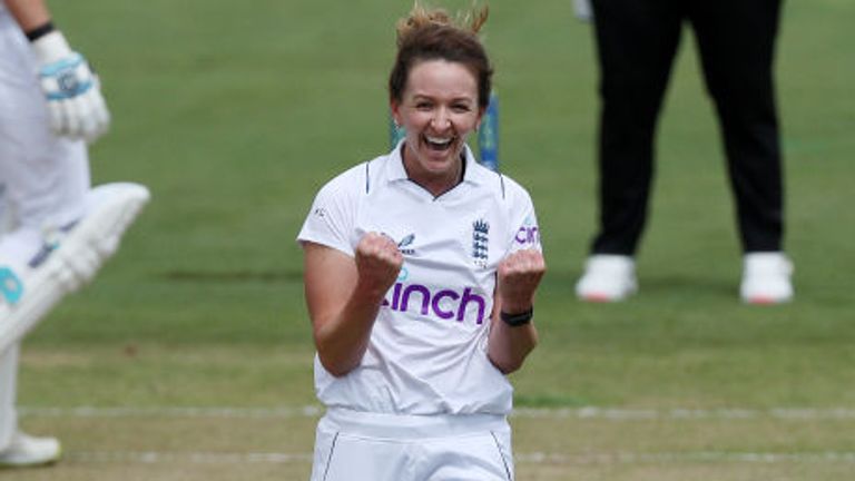 Kate Cross celebrates after bowling South Africa opener Andrie Steyn