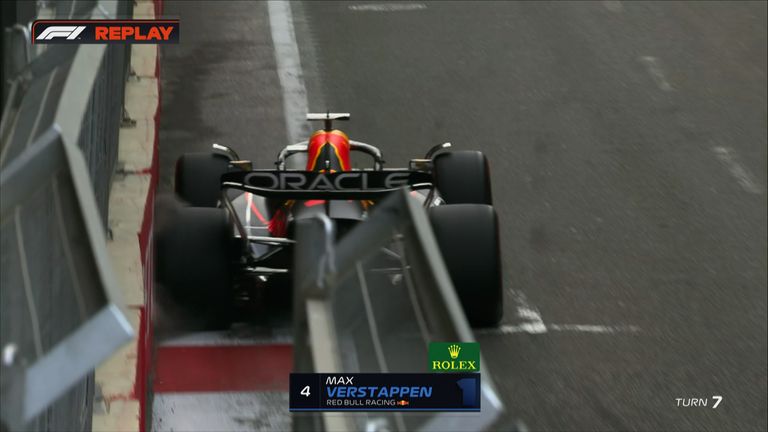 Verstappen brushes the wall at turn 7 in the second round of qualifying in Baku.