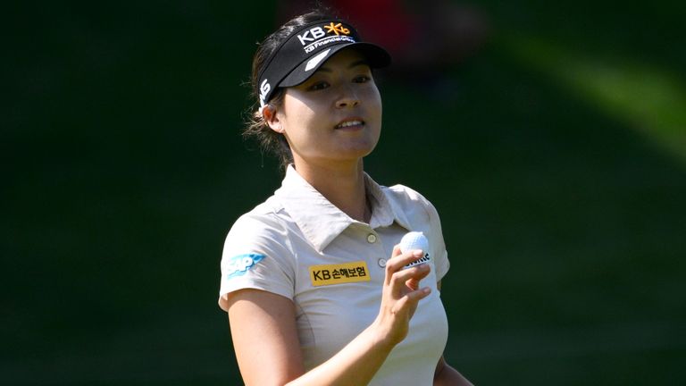 In Gee Chun reacts after making her putt on the 18th green during the third round of the Women's PGA Championship