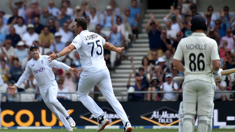 England's Jamie Overton says it was a special feeling to take his first Test wicket on the opening day of the third Test against New Zealand