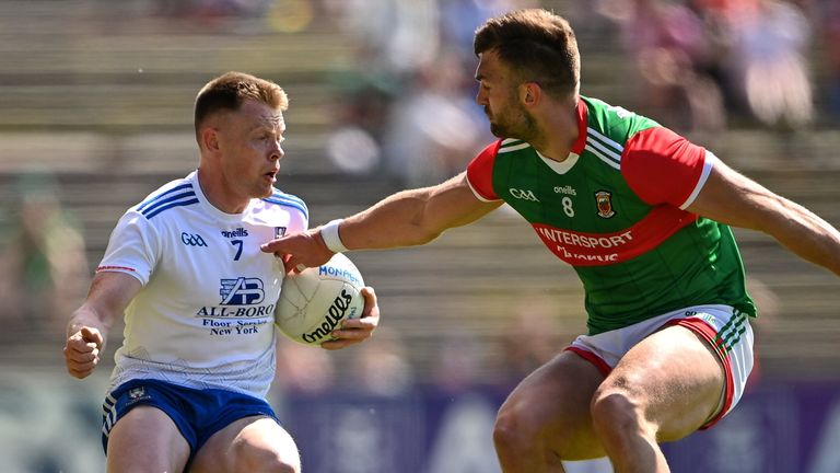 Ryan McAnespie of Monaghan in action against Aidan O'Shea of Mayo
