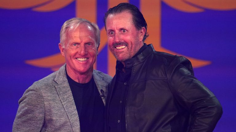 Greg Norman LIV, Director General of Golf, posed with Phil Mickelson before the opening ceremony 