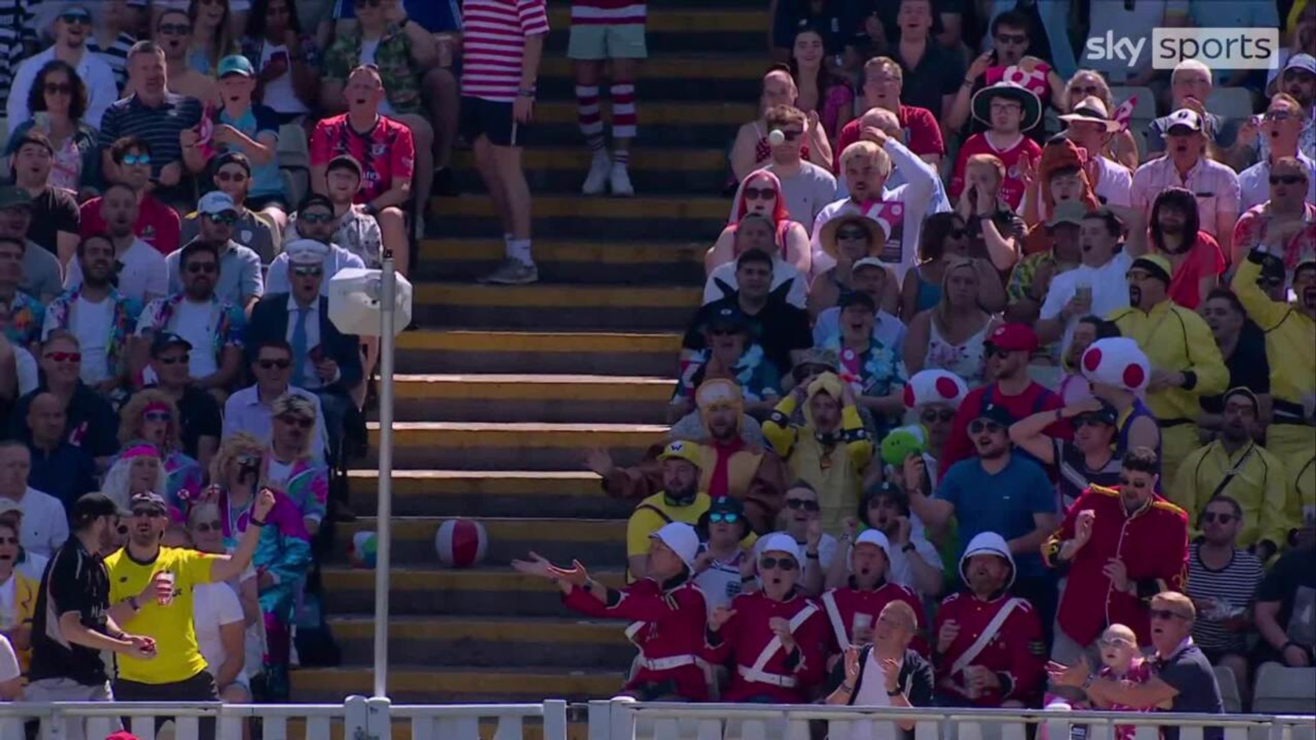 Fan spills drink attempting to catch Malan six!