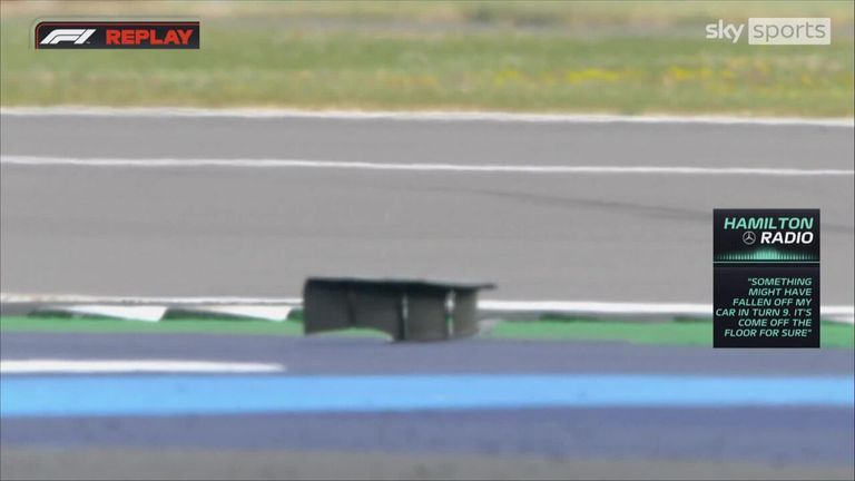 Lewis Hamilton has a bit of a problem at the end of practice two with something falling off the floor of his car at turn 9.