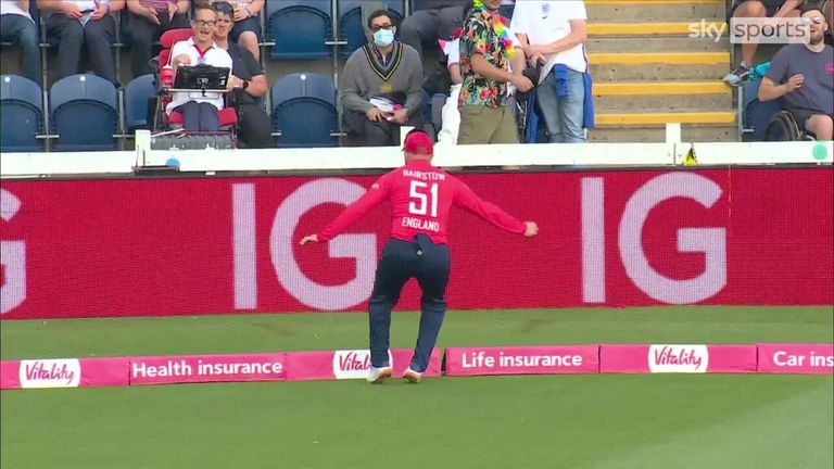 Jonny Bairstow produced an outstanding catch running back towards the boundary to dismiss South Africa's Reeza Hendricks in Cardiff