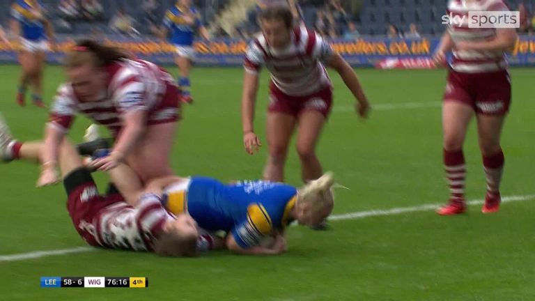 Keara Bennett scores Leeds Rhinos' 11th try of the night to seal a dominating 64-6 Betfred Women's Super League win over Wigan Warriors.