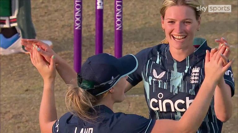 England's Lauren Bell gets her first ODI wicket as Shabnim Ismail sends one in the air and Charlie Dean takes the hold