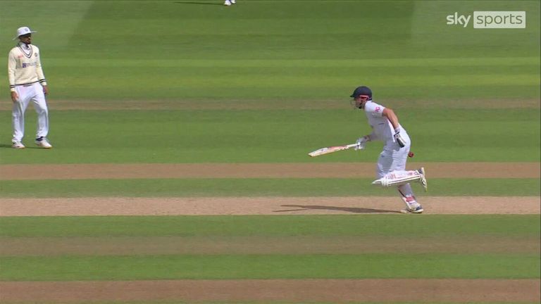 India claim the easy wicket of Alex Lees after a massive mix-up between him and Joe Root leaves Lees stranded.