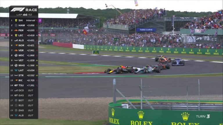 Watch Lewis Hamilton, Sergio Perez and Charles Leclerc produce an incredible wheel-to-wheel fight for P2 at the British Grand Prix. 