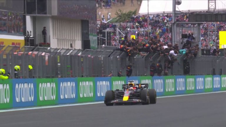 Max Verstappen crosses the line to secure a brilliant victory from 10th on the grid with Lewis Hamilton finishing second!