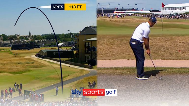 Bryson DeChambeau hit a wayward tee shot on the Road Hole at St Andrews before a fortunate ruling allowed him a line of sight relief as he made par after getting up and down from the road.