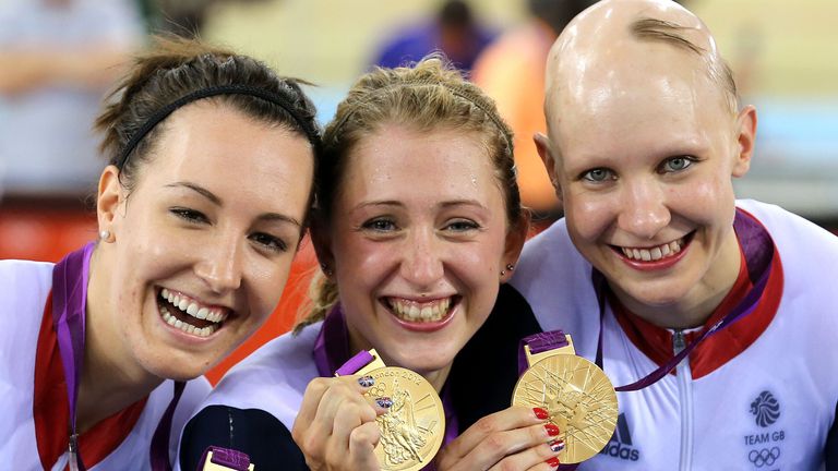 Great Britain's (left to right) Dani King, Laura Trott and Joanna Rowsell celebrate with their gold medals after winning the Women's Team Pursuit Final at the Velodrome