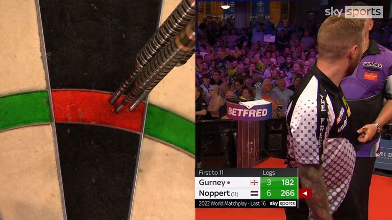 Showman Noppert showcased some serious darthousery as he struck with a no-look 180 before taking out 86 on the bullseye in a roof-raising leg of darts