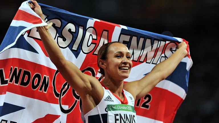 Jessica Ennis-Hill celebrates winning gold in the Women's Heptathlon after the 800 metres