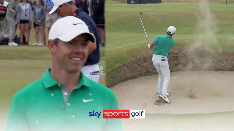 McIlroy took a share of the lead after holing an incredible bunker shot for eagle on the 10th hole at The Open