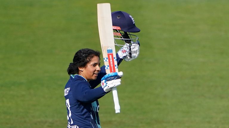 England's Sophia Dunkley celebrates her century during the second ODI against South Africa