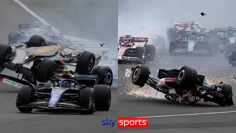 A horrific crash in the opening lap of the British GP sees Zhou Guanyu’s Alfa Romeo flip upside down and go over the safety barriers.