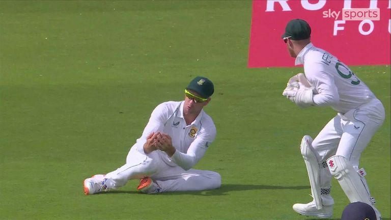 South Africa captain Dean Elgar's luck was out as he was bowled by James Anderson off his thigh pad and forearm